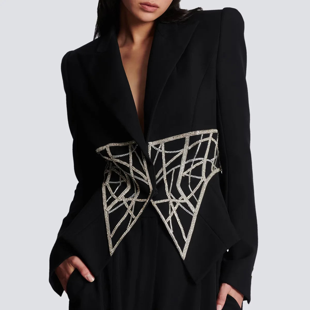 Luxurious Crystal Bead Blazer for Women Sparkly Rhinestone Pattern Oversize Women's Black Blazer Jacket Coat