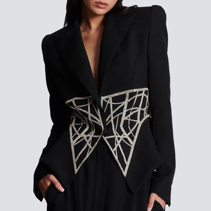 Luxurious Crystal Bead Blazer for Women Sparkly Rhinestone Pattern Oversize Women's Black Blazer Jacket Coat