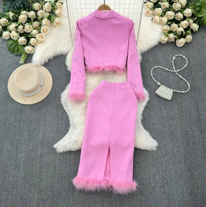 Spring Suit Long Sleeve Jacket Fashion High Waist Sweet Skirt Two Piece Set Female Rhinestone Suit