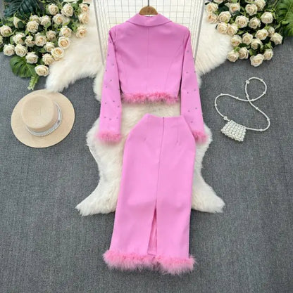 Spring Suit Long Sleeve Jacket Fashion High Waist Sweet Skirt Two Piece Set Female Rhinestone Suit