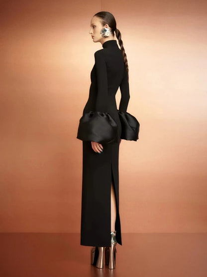 Stand-Up Neck & Flare Sleeves Bodycon for Cocktail & Evening Parties Black Maxi Dress
