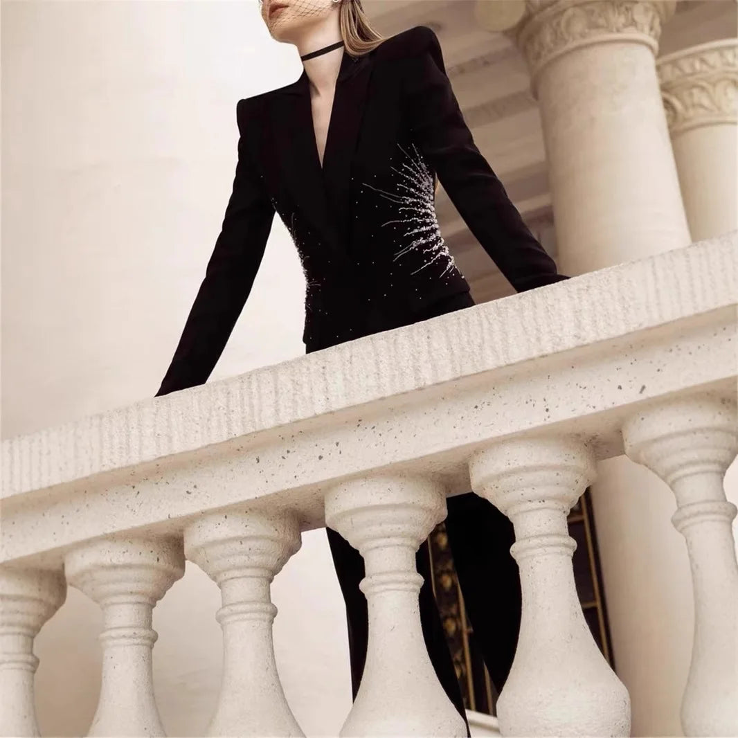 High-end Sense of Design Black Heavy Industry Hand-beaded Black Suit Loose Pants Two-piece Set