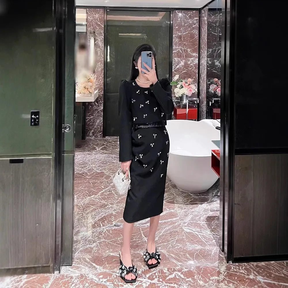 High-grade Classic Style Hip Skirt Suit Women's Rhine Stone Long Sleeve Top and Skirt Two-piece Set