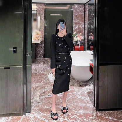 High-grade Classic Style Hip Skirt Suit Women's Rhine Stone Long Sleeve Top and Skirt Two-piece Set