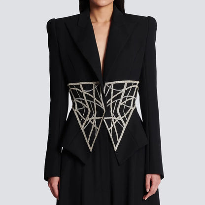 Luxurious Crystal Bead Blazer for Women Sparkly Rhinestone Pattern Oversize Women's Black Blazer Jacket Coat