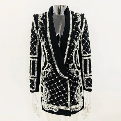 High Quality Woman Luxury Crystal and Pearl Beading Emblish blazer Dress