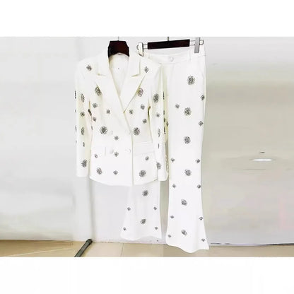 Exquisite Rhine Stone Beaded blazer Flared Pants Two-piece Suit