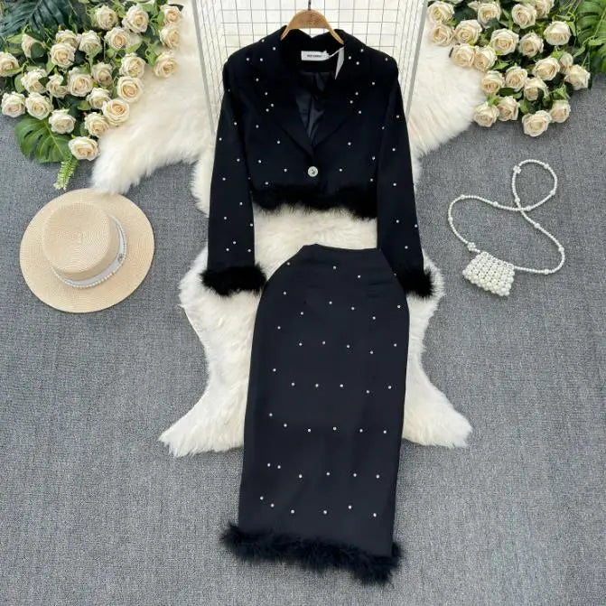 Spring Suit Long Sleeve Jacket Fashion High Waist Sweet Skirt Two Piece Set Female Rhinestone Suit
