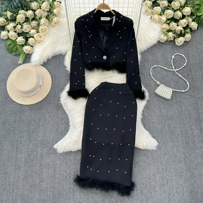 Spring Suit Long Sleeve Jacket Fashion High Waist Sweet Skirt Two Piece Set Female Rhinestone Suit