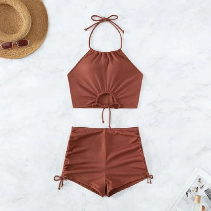 Brown Backless Top and Hipster Shorts Set
