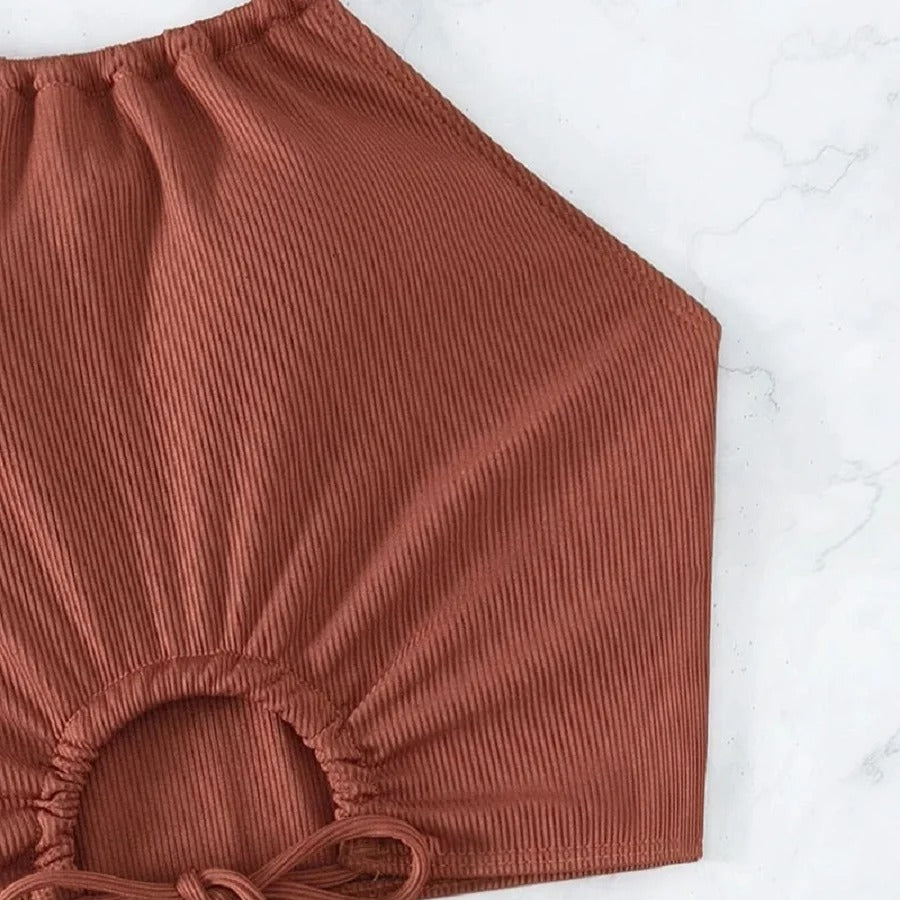 Brown Backless Top and Hipster Shorts Set