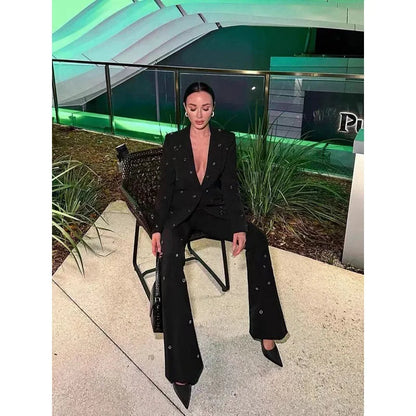 Casual Long-sleeved Jacket SContemporary Design Details:uit Slim Flared Long Pants Two-piece Set