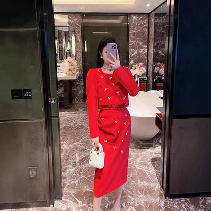 High-grade Classic Style Hip Skirt Suit Women's Rhine Stone Long Sleeve Top and Skirt Two-piece Set