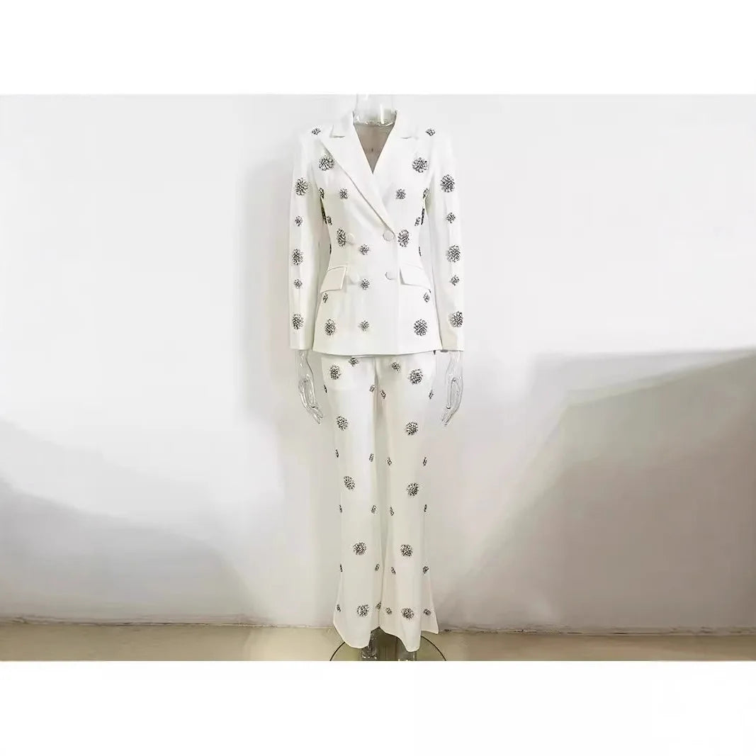 Exquisite Rhine Stone Beaded blazer Flared Pants Two-piece Suit