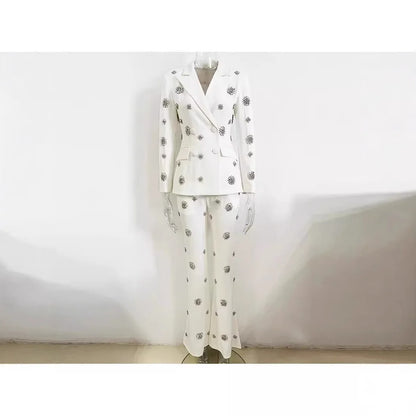 Exquisite Rhine Stone Beaded blazer Flared Pants Two-piece Suit