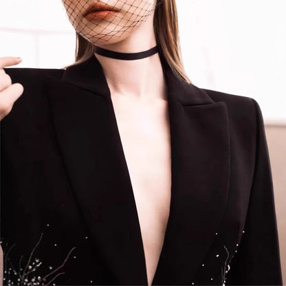 High-end Sense of Design Black Heavy Industry Hand-beaded Black Suit Loose Pants Two-piece Set