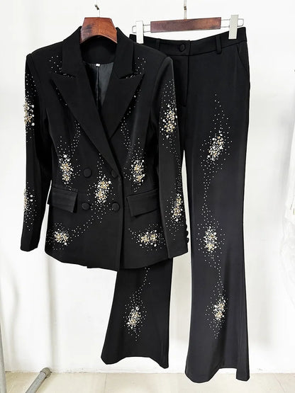 Elegant Blazer Suit and Wide Leg Pants Two 2 Piece Sets Women Fashion Formal Office Lady Street Outfit