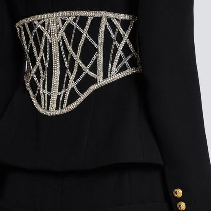 Luxurious Crystal Bead Blazer for Women Sparkly Rhinestone Pattern Oversize Women's Black Blazer Jacket Coat