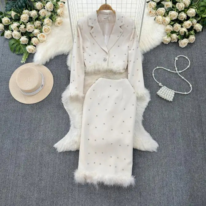 Spring Suit Long Sleeve Jacket Fashion High Waist Sweet Skirt Two Piece Set Female Rhinestone Suit