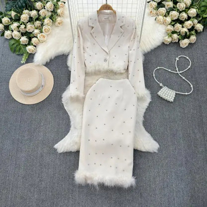 Spring Suit Long Sleeve Jacket Fashion High Waist Sweet Skirt Two Piece Set Female Rhinestone Suit