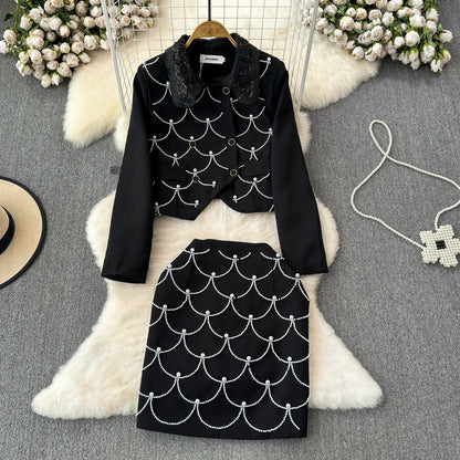 Gold Wind Pearl Chain Set Double Breasted Woolen Coat Skirt Set 2024 Spring and Autumn New Model