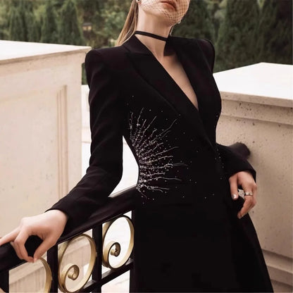 High-end Sense of Design Black Heavy Industry Hand-beaded Black Suit Loose Pants Two-piece Set