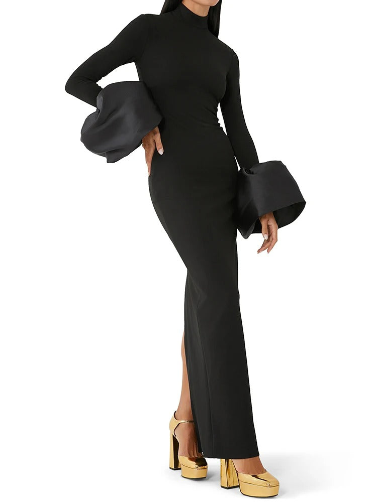 Stand-Up Neck & Flare Sleeves Bodycon for Cocktail & Evening Parties Black Maxi Dress
