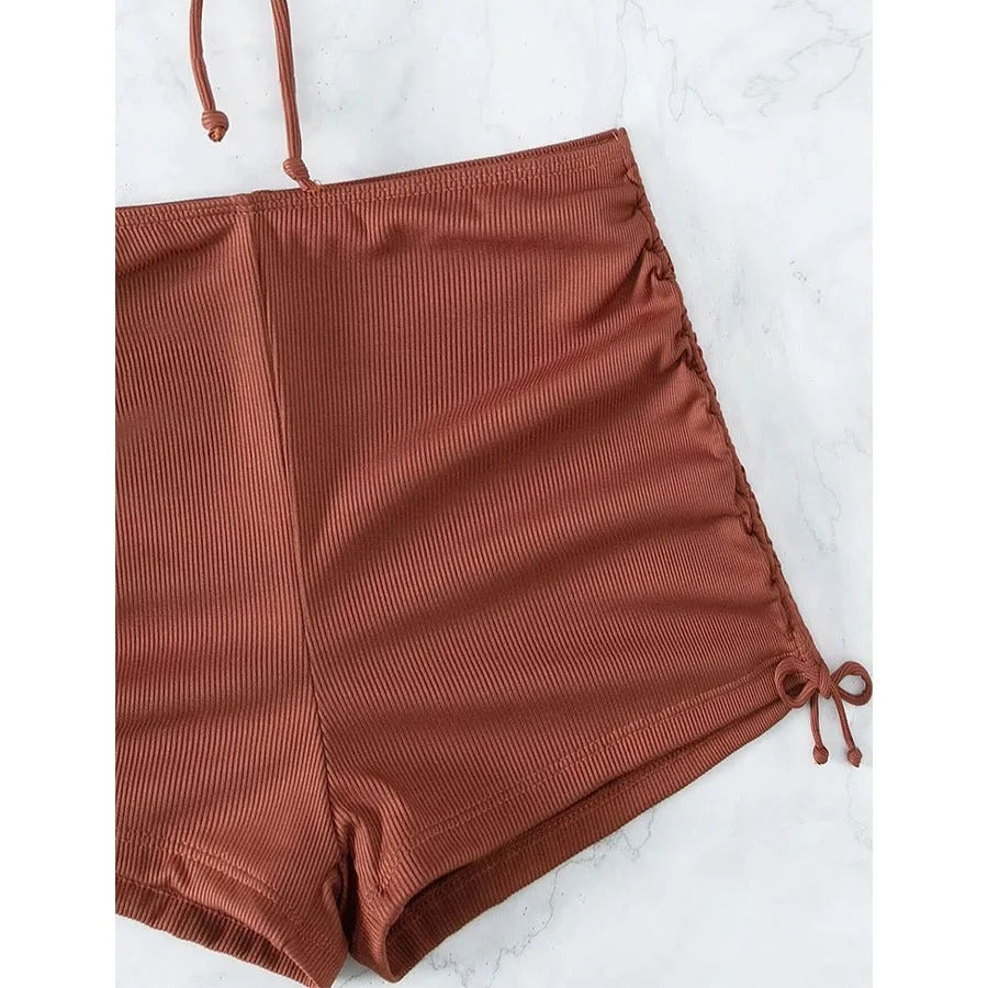 Brown Backless Top and Hipster Shorts Set