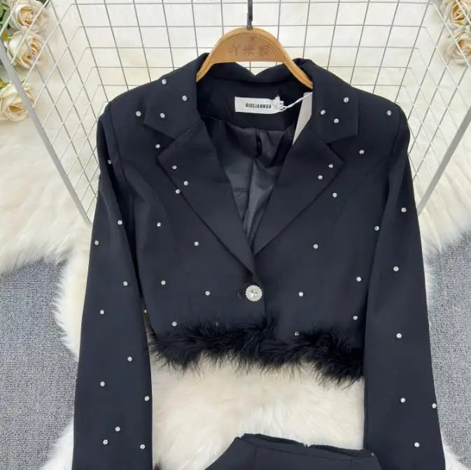 Spring Suit Long Sleeve Jacket Fashion High Waist Sweet Skirt Two Piece Set Female Rhinestone Suit