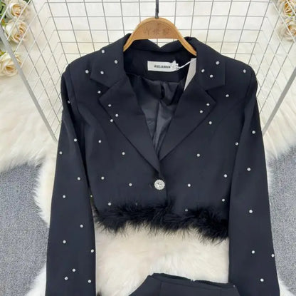 Spring Suit Long Sleeve Jacket Fashion High Waist Sweet Skirt Two Piece Set Female Rhinestone Suit