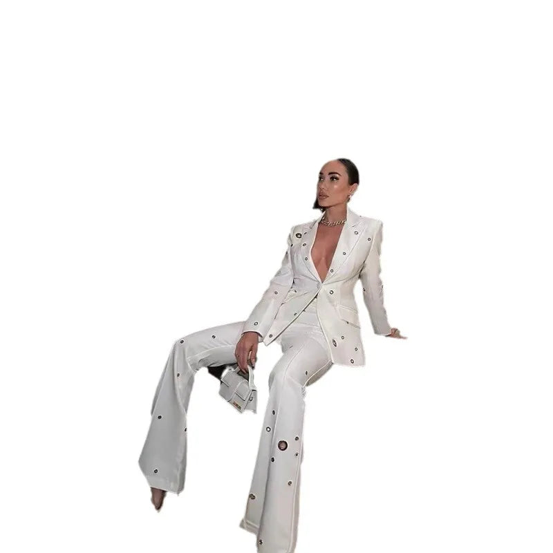 Casual Long-sleeved Jacket SContemporary Design Details:uit Slim Flared Long Pants Two-piece Set
