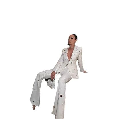 Casual Long-sleeved Jacket SContemporary Design Details:uit Slim Flared Long Pants Two-piece Set