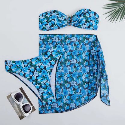 Funwear Print Split Bikini 3-Piece Set – Backless High Waist Bandeau Swimsuit for Women | Vacation Beach Wear