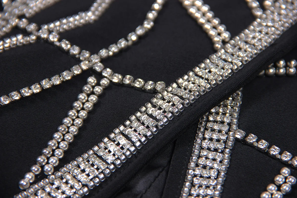 Luxurious Crystal Bead Blazer for Women Sparkly Rhinestone Pattern Oversize Women's Black Blazer Jacket Coat