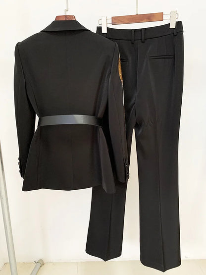 Elegant Office Women Suit Fashion Blazer and Pants Set With Belt Beading Two Pieces Women Formal Suit