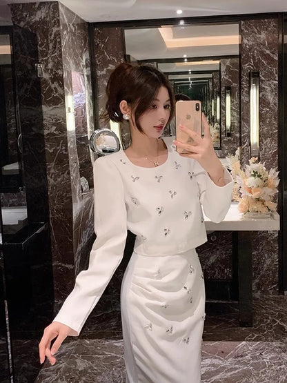 High-grade Classic Style Hip Skirt Suit Women's Rhine Stone Long Sleeve Top and Skirt Two-piece Set