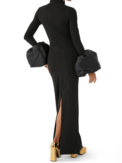 Stand-Up Neck & Flare Sleeves Bodycon for Cocktail & Evening Parties Black Maxi Dress