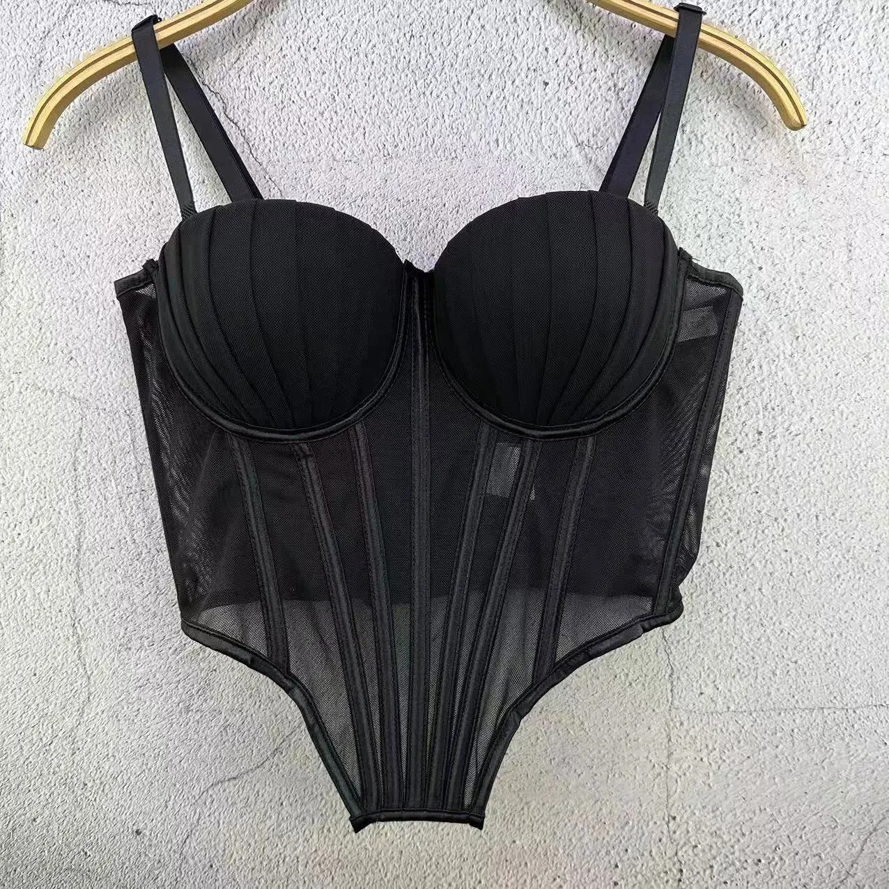 Pleated Mesh Retro Corset Crop Top – Shell Shape Bustier for Women | Elegant Party Camisole