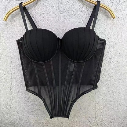 Pleated Mesh Retro Corset Crop Top – Shell Shape Bustier for Women | Elegant Party Camisole