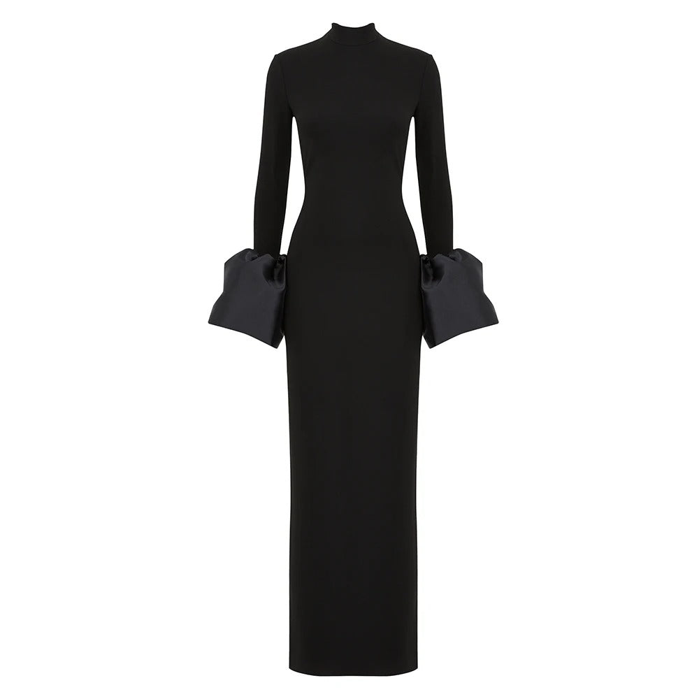 Stand-Up Neck & Flare Sleeves Bodycon for Cocktail & Evening Parties Black Maxi Dress