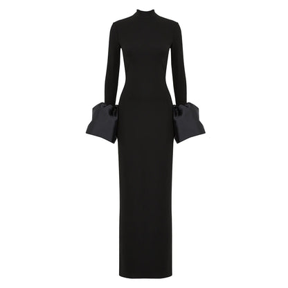 Stand-Up Neck & Flare Sleeves Bodycon for Cocktail & Evening Parties Black Maxi Dress