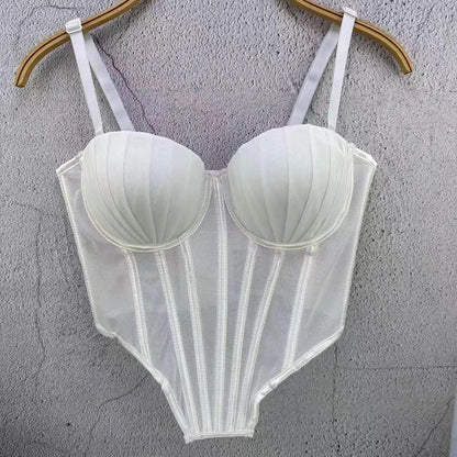 Pleated Mesh Retro Corset Crop Top – Shell Shape Bustier for Women | Elegant Party Camisole